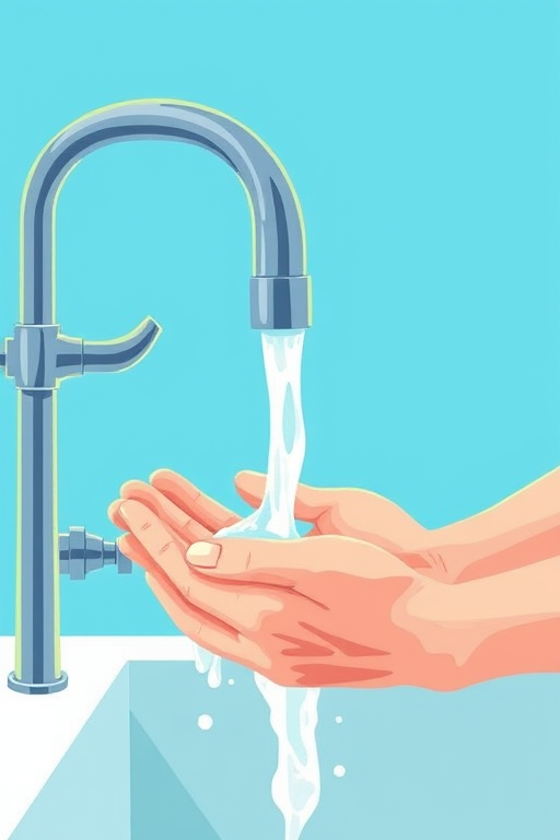 Create a vibrant illustration of a kitchen faucet with hands applying soap under a stream of water, bright blue background, use a high-resolution digital camera, ISO 100, aperture f/4, shutter speed 1/250s, macro lens for detailed close-up, soft lighting for clean aesthetic.