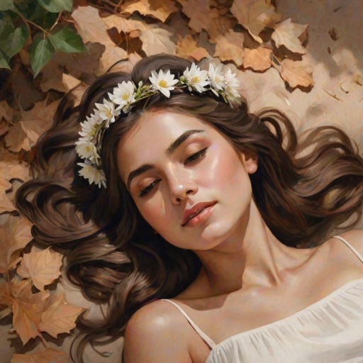 create a watercolor painting of an ethereal portrait of beautiful Turkish woman with a simple white flower crown on her head. Her hair is long and she is lying on the ground. The sunlight on the trees casts shadows from the leaves on her face and body. The background is a neutral brown color that matches her skin tone. The image is minimalist and solid colors. This style is characterized by soft, delicate brushstrokes and a light, airy, contrasting color palette. High level of detail and play of light
