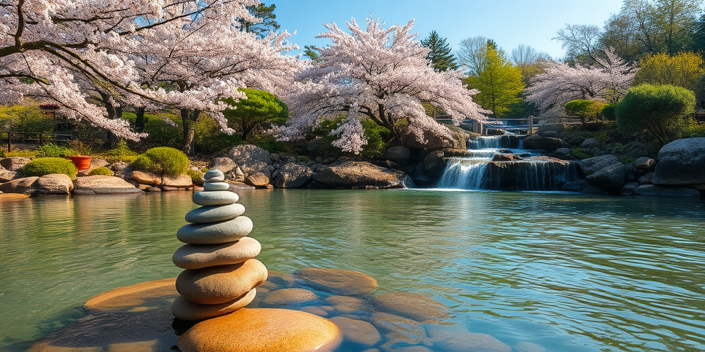 Create a tranquil landscape featuring a serene water scene with stacked stones and gentle waterfalls, surrounded by cherry blossom trees and lush greenery, captured with a Canon EOS R5 at ISO 100, f/8, 1/250 sec, with a wide-angle lens for an expansive view, in soft natural light for enhanced clarity.
