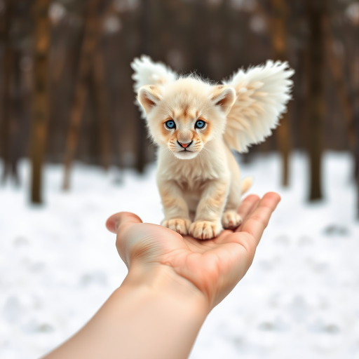 A small, white lion cub with angelic wings standing on a human hand. The cub has a soft, fluffy texture with detailed fur, expressive blue eyes, and a curious expression. The wings are large and feathery, blending seamlessly with its fur, giving an ethereal appearance. The background is a winter forest, with the ground covered in snow and blurred brown trees, creating a serene atmosphere. The human hand in the foreground is positioned palm-up, supporting the lion cub gently, fingers slightly curled. The lighting is soft and diffused, enhancing the tender and magical feel of the scene. Colors are predominantly neutral with white, cream, and soft browns, contrasting with the subtle blue of the lion cub's eyes. The overall composition is balanced, with the cub at the center, creating a focal point that draws the viewer's attention immediately.