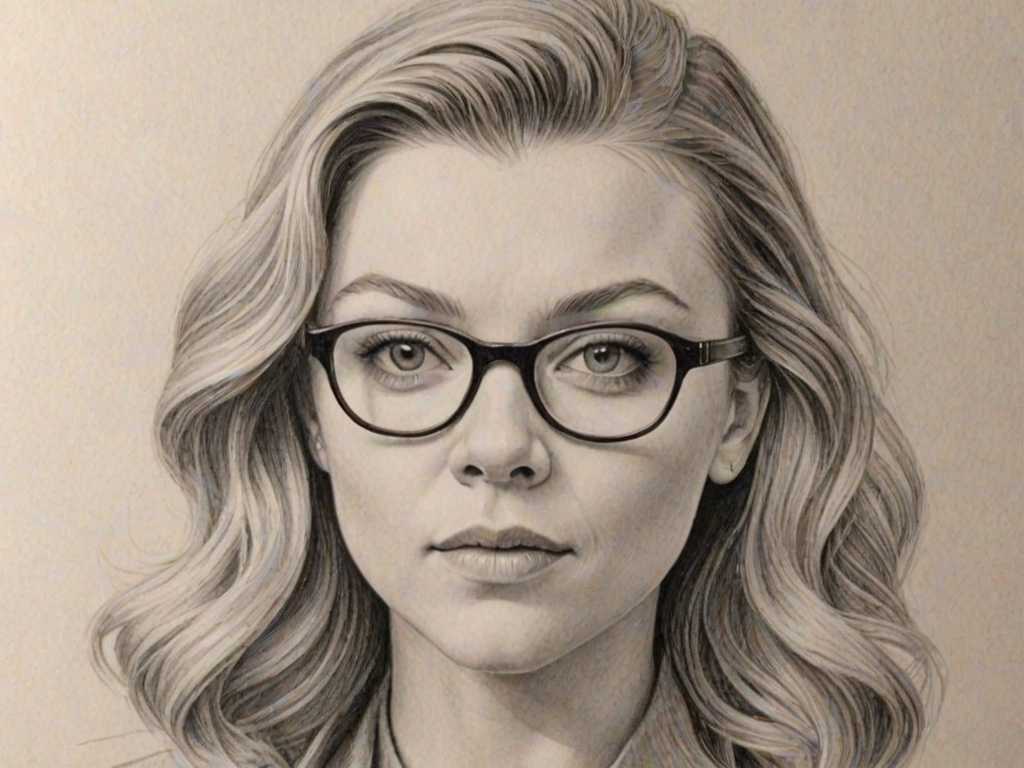 Stunning Natalie Dormer, pencil sketch, portrait of Wonderful woman 1934s in glasses, hair style beatnik, outline, clear lines, fine lines, 8k