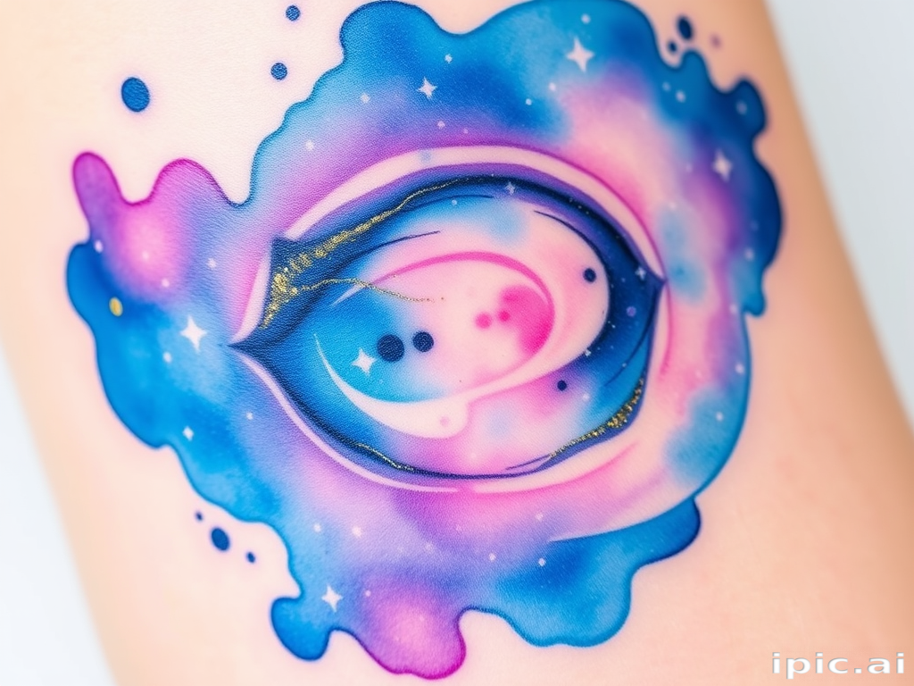 Vibrant watercolor splash tattoo named "Celestial Spectrum" featuring a swirling galaxy of blues, purples, and pinks blending seamlessly into an ethereal nebula, with delicate white stars scattered throughout the design creating a sense of depth and wonder, incorporating subtle touches of gold leaf for added luminosity and sparkle, perfect for those seeking a dreamy and cosmic body art piece that captures the beauty of the universe in a fluid and artistic style
