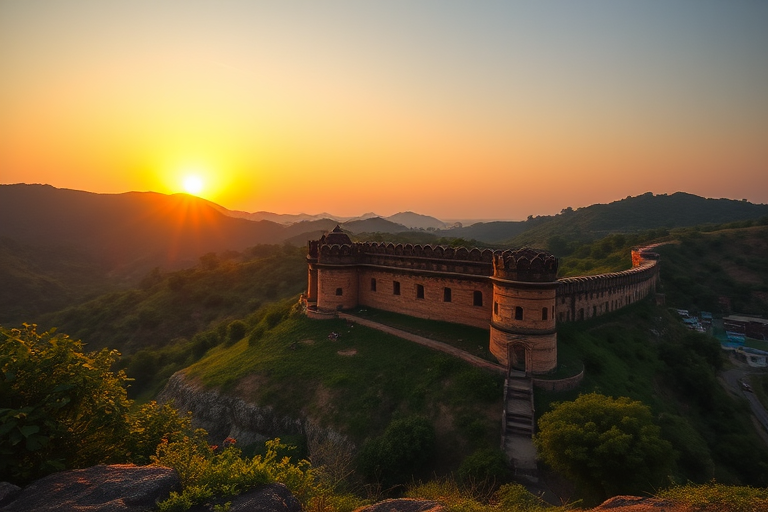 Regenerate a picturesque sunset view of a historic fort surrounded by lush green hills, using a DSLR camera, focal length 24mm, aperture f/11, shutter speed 1/60s, and ISO 100 for vibrant colors and sharp details.