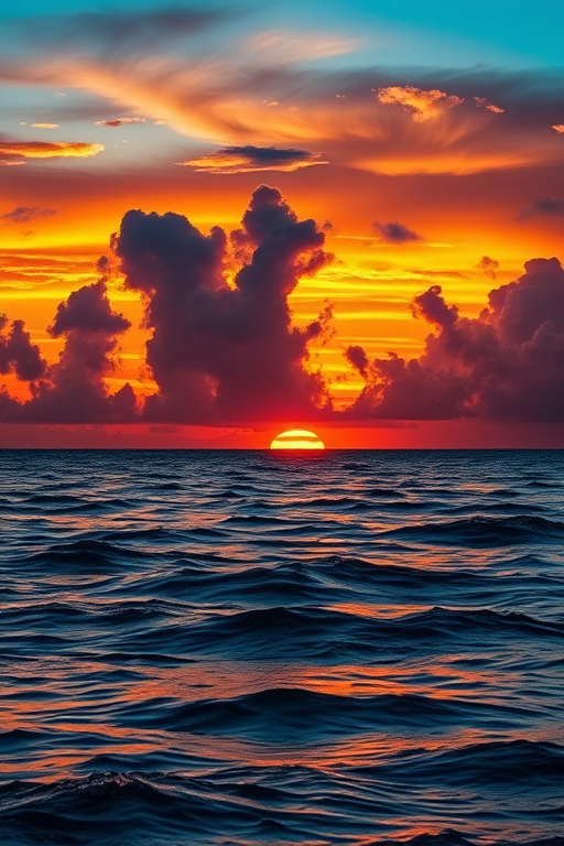 Create a high-resolution image of a vibrant sunset over the ocean with dramatic clouds, captured with a Canon EOS 5D Mark IV at f/8, ISO 100, 1/200s, wide-angle lens perspective, golden hour lighting, and enhanced saturation.