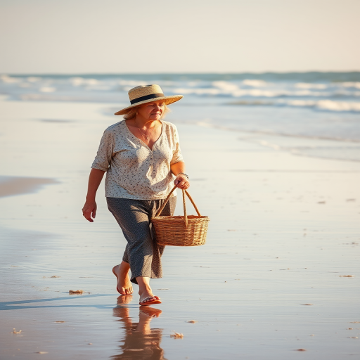 a senior woman walking along the beach during low tide, wearing a hat and holding a basket, soft sunlight, shallow depth of field, camera settings: f/4.0, ISO 100, shutter speed 1/200s, camera view: landscape, camera style: natural, camera type: DSLR