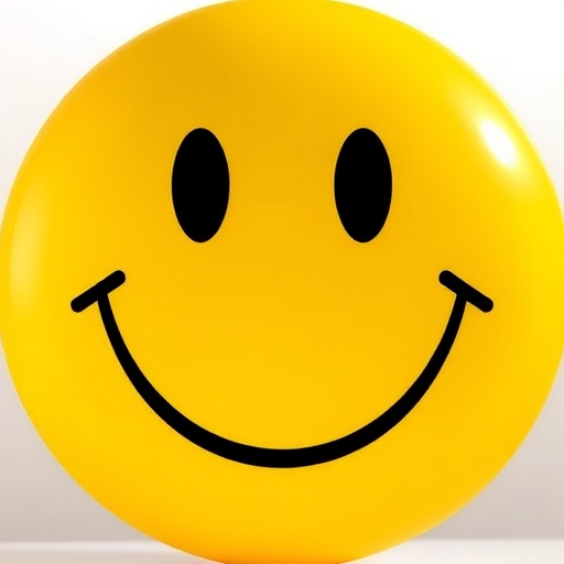 Generate a high-resolution image of a classic yellow smiley face with a large grin and circular shape, using a 50mm lens, f/2.8 aperture, ISO 100, in bright natural light, shot from a straight-on view with a digital camera.
