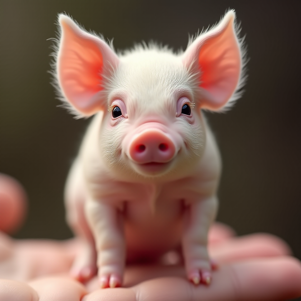 An extremely hyper-realistic baby pig, its whole body fits perfectly in someone's finger. The baby pig has rare colors and is extremely adorable. The baby pig is extremely cute, making it eye-catching when enlarged. And standing on 2 legs