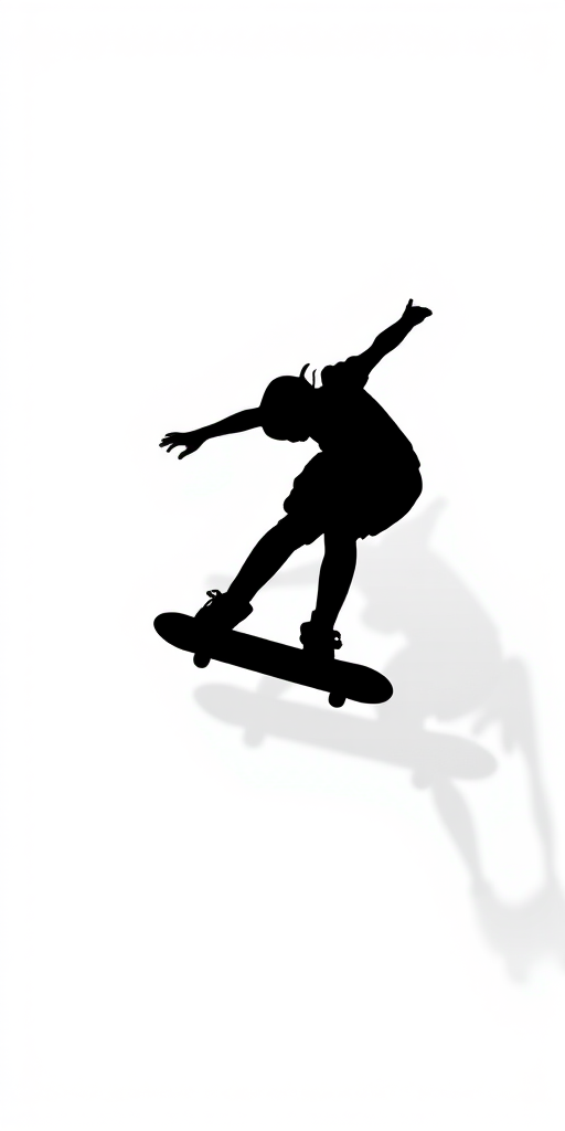 Create a high-contrast monochromatic logo design featuring a simplistic silhouette of a person performing a skateboarding trick on a skateboard, using a Canon EOS R5 with a 35mm f/1.4 lens, aperture set to f/8, shutter speed 1/1000s, and using a top-down view for a clean background with a strong emphasis on the figure.