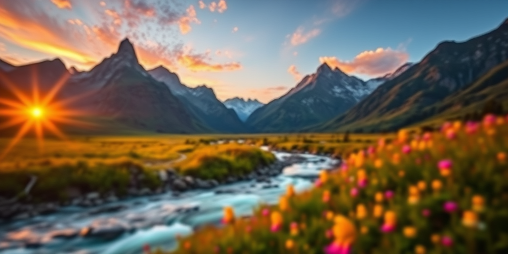 vibrant mountain landscape at sunrise with a flowing river and wildflowers, soft focus, shot with a DSLR camera, aperture f/8, ISO 100, focal length 35mm, landscape orientation, enhanced saturation and contrast