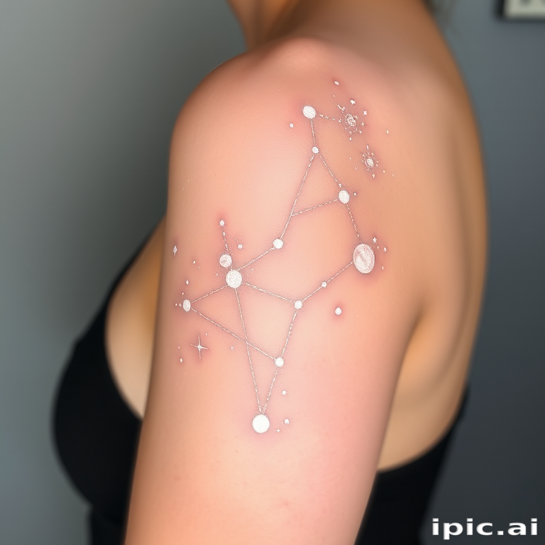 Ethereal white ink tattoo called "Celestial Whispers" showcasing a delicate constellation map of stars and planets connected by gossamer-thin lines barely visible against the skin creating a subtle shimmer effect that becomes more prominent in certain lighting conditions incorporating microscopic details of cosmic phenomena such as nebulae and galaxies rendered in varying opacities of white ink to create depth and dimension