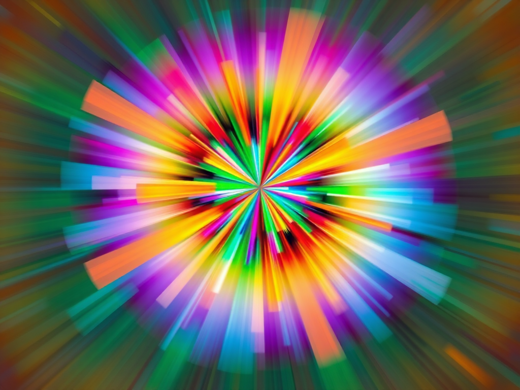 Create a vibrant abstract image with a radial blur effect using a DSLR camera at f/4, ISO 100, 1/60 sec, wide-angle lens, and shot from a central point to enhance color dispersion and quality.