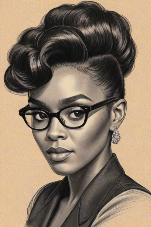 Appealing Janelle Monae, pencil sketch, portrait of Charming woman 1940s in glasses, hair style beatnik, outline, clear lines, fine lines, 8k