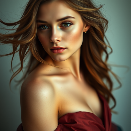 portrait of a woman with flowing hair in an elegant gown, soft diffused lighting, shallow depth of field, 50mm lens, f/1.8 aperture, ISO 100, high resolution, captured with a DSLR camera, focus on facial features and texture details.