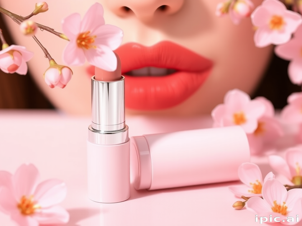 Charming "Peach Blossom" lip mousse with velvety texture, soft peachy-pink shade for a fresh and youthful appearance, ideal for spring and summer
