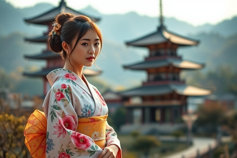 Generate a high-resolution image of a young woman in a traditional kimono adorned with floral patterns standing in a serene landscape with ancient pagodas, soft focus, natural lighting, using a DSLR camera at f/2.8, ISO 100, 50mm lens, and a slight tilt-shift effect for depth.