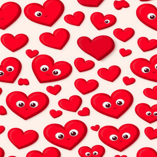 Create an image of a seamless pattern filled with cute red cartoon hearts with large, expressive eyes, using a high-resolution digital camera at f/8 aperture, ISO 100, and a 50mm lens, captured from a top-down view in a flat lay style to enhance color vibrancy and detail.