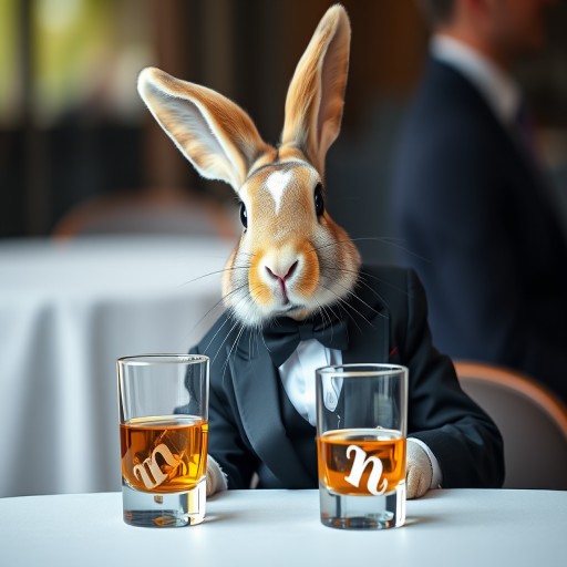 A sophisticated rabbit in a tuxedo sitting at a table with a glass of whiskey, soft focus background, 50mm lens, f/2.8 aperture, natural lighting, DSLR camera.
