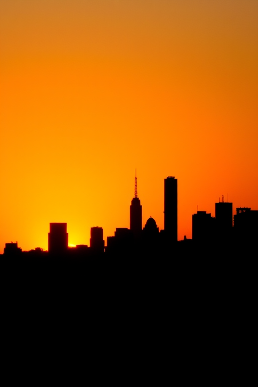 Create a silhouette of a city skyline at sunset with a vibrant gradient from orange to yellow, using a high-resolution digital camera with a 50mm lens, f/8 aperture, ISO 100, and a wide-angle perspective for enhanced depth and clarity.