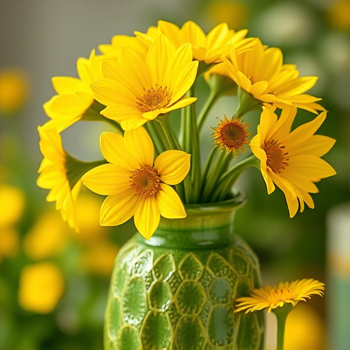 create a highly detailed botanical illustration of bright yellow flowers in a textured green vase, use a macro lens with aperture set to f/2.8, focus on the flowers and vase while softly blurring the background, employ natural lighting to enhance color vibrancy, shot with a DSLR camera in portrait orientation