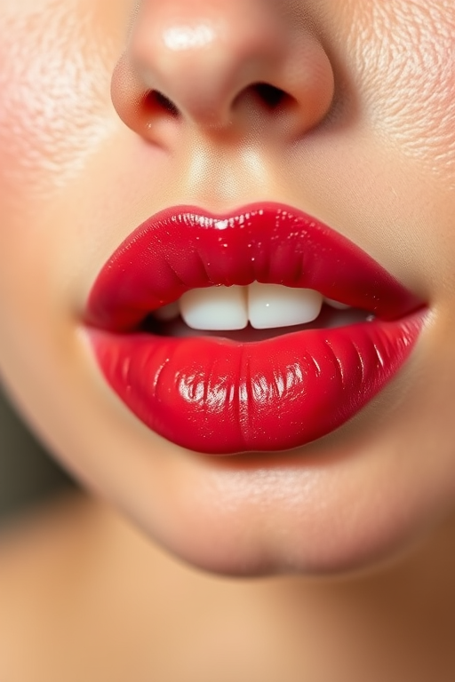 Sheer cherry-tinted lips with a hint of sparkle, fresh and youthful, ideal for a natural yet polished appearance