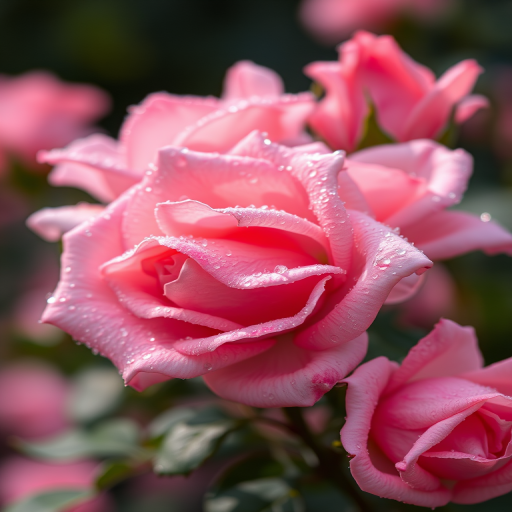 Capture a close-up of dew-covered pink roses with a soft-focus background, using a Canon EOS R5 camera set to ISO 100, aperture f/2.8, shutter speed 1/200s, with a macro lens and natural lighting to enhance detail and vibrancy.