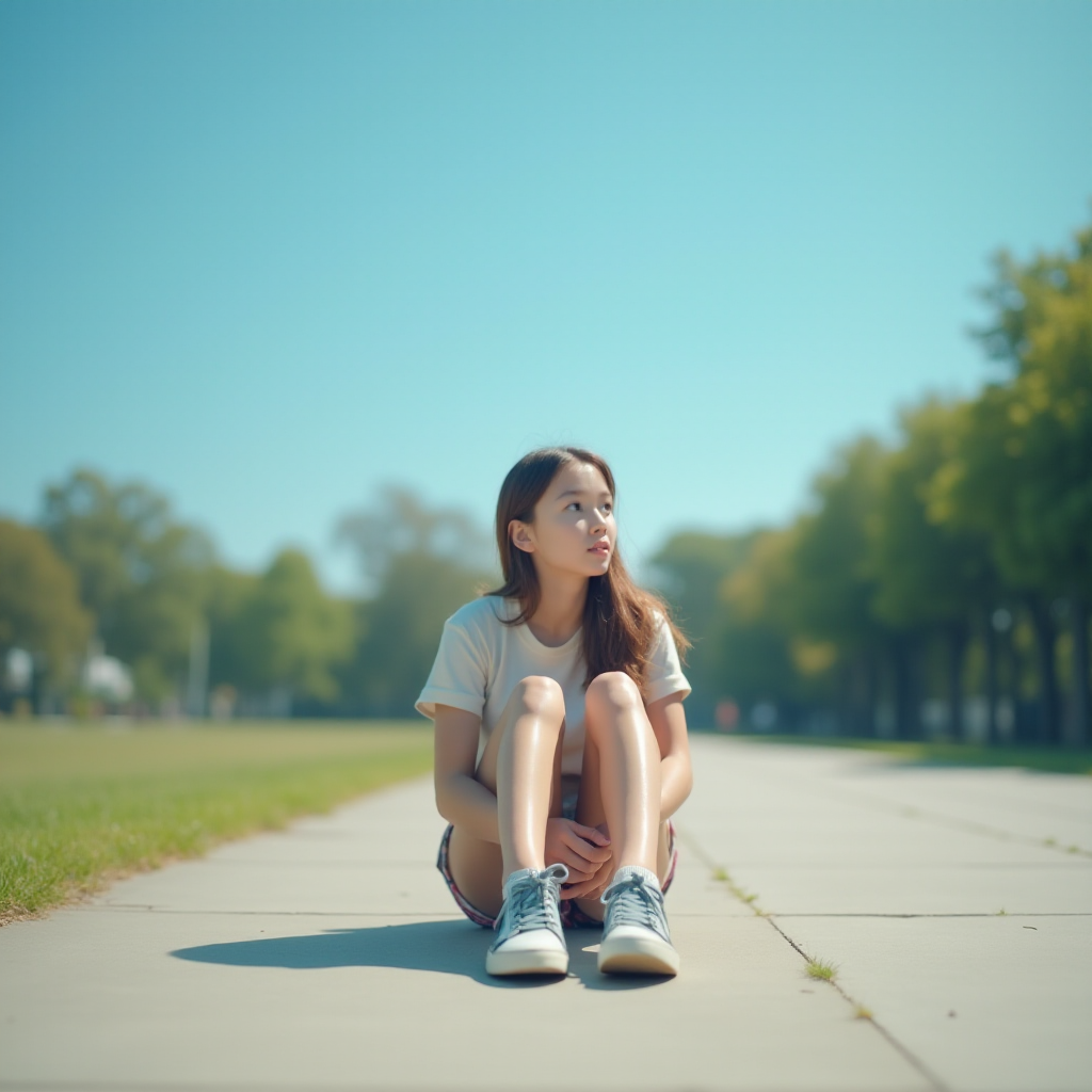 Generate an ultra-realistic, highly detailed, high-definition photograph. It's a photo of a girl sitting on the floor. She's looking at the horizon. The photo is taken from the bottom up, at ground level. The girl's sneakers are in the foreground, in the center of the scene. The girl is wearing light clothes, a t-shirt and short shorts. The sky is blue. Bright environment. The background is a blurred image of a park.