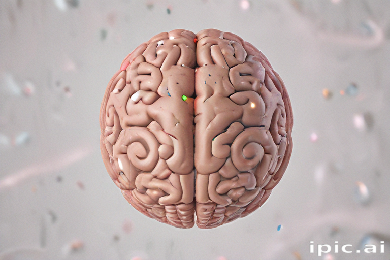 An Intricate 3D Model of a Human Brain Surrounded by Colorful Particles
