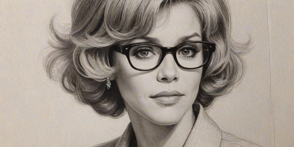 Fascinating Jane Fonda, pencil sketch, portrait of Bewitching woman 1929s in glasses, hair style beatnik, outline, clear lines, fine lines, 8k