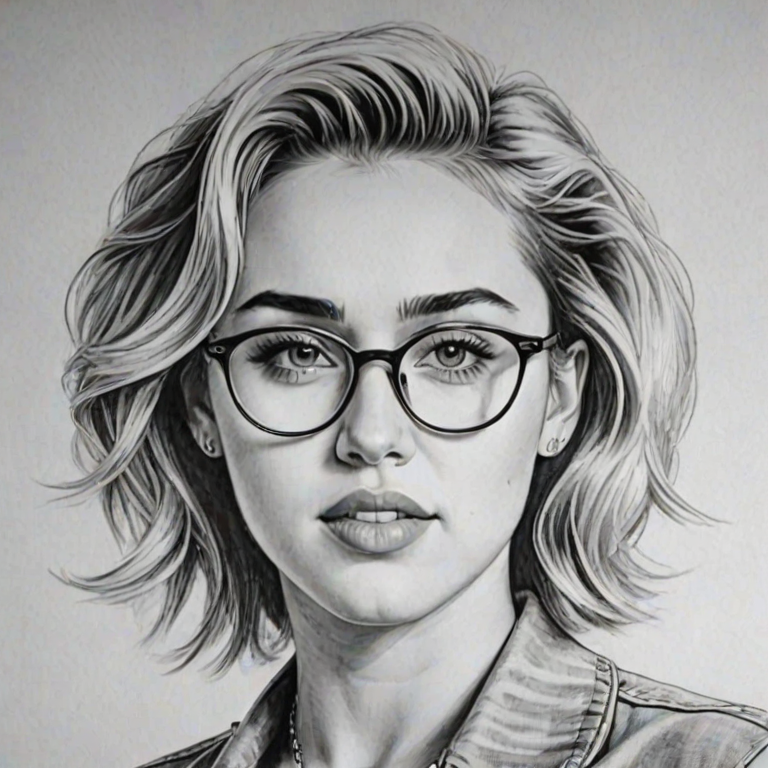 Stunning Miley Cyrus, pencil sketch, portrait of Fetching woman 1939s in glasses, hair style beatnik, outline, clear lines, fine lines, 8k