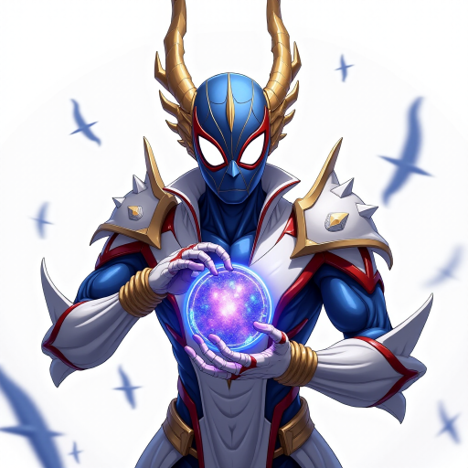 A high-budget, anime-style wallpaper featuring Spiderman in an epic White, blue red Kirin armor. Golden dragon gloves, the gloves is in the shape of dragon heads, Golden dragon head gloves, White glossy eyes, The armor is designed with metallic details that reflect light, showcasing intricate Kirin motifs. Spiderman's armor is a striking gradient of blue, red and white, with Colorful galaxy inner sections, making it look both powerful and sleek. The background is flat white, with Kirin-shaped blue-violet glowing rune relic to give the impression power, striking pose, the Kirin's armor is dominantly in white, with some details in blue and red, Cinematic anime action scene, cinematic action pose, medium shot action portrait, dramatic effect of shadow and light.