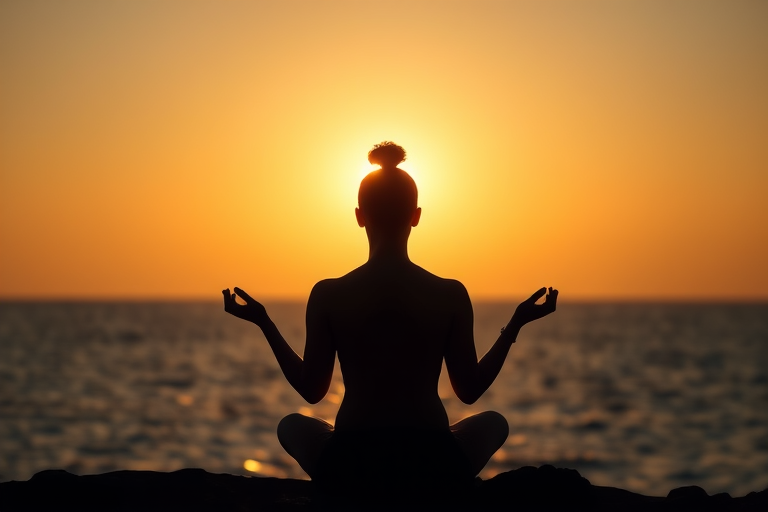 A serene silhouette of a person meditating at sunset over a calm ocean, with a glowing sun directly behind their head creating a radiant halo effect, captured in soft focus; settings: aperture f/2.8, shutter speed 1/500s, ISO 100; camera view: wide angle, camera style: dreamy and ethereal, camera type: DSLR.