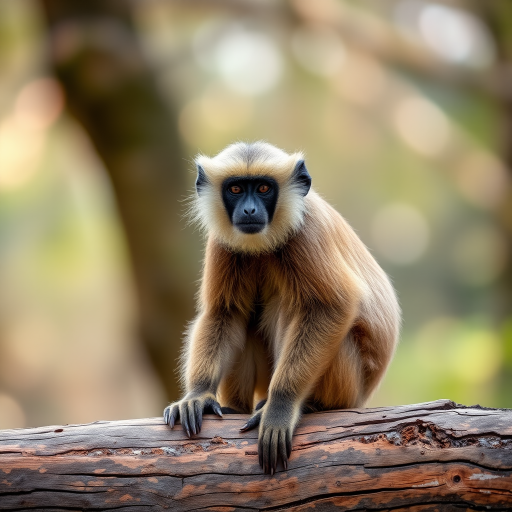 regenerate an image of a gibbon sitting on a log with a soft focus background, natural lighting, 85mm lens, aperture f/2.8, ISO 200, shot from eye level using a DSLR camera with a shallow depth of field to emphasize fur texture and features