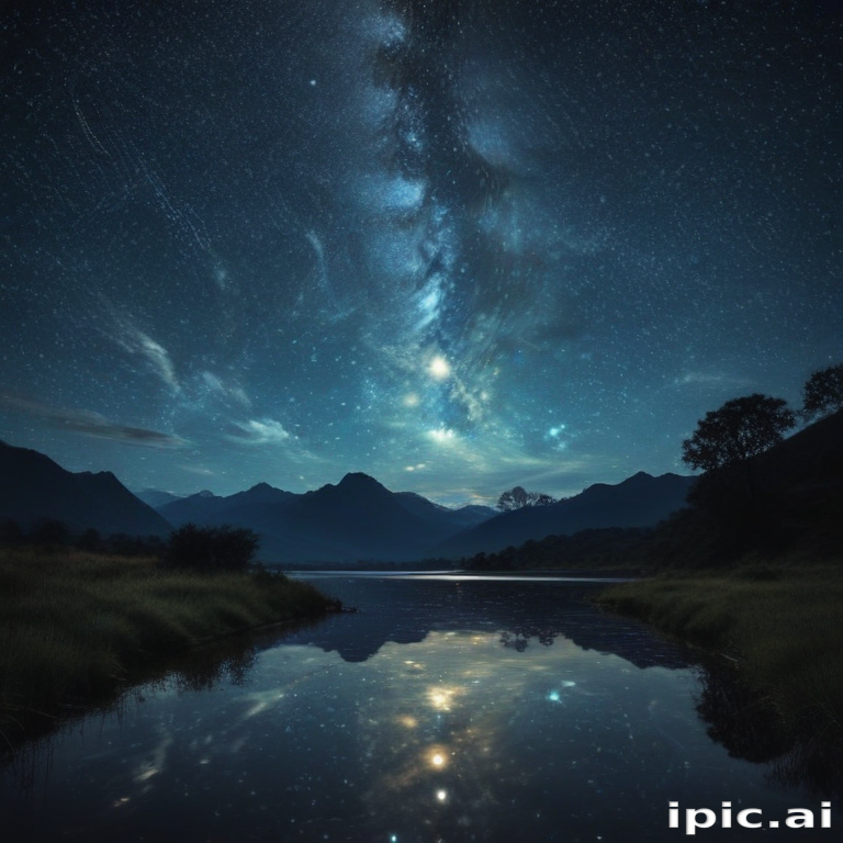 Majestic Night Sky Reflected in Tranquil Lake Surrounded by Mountains