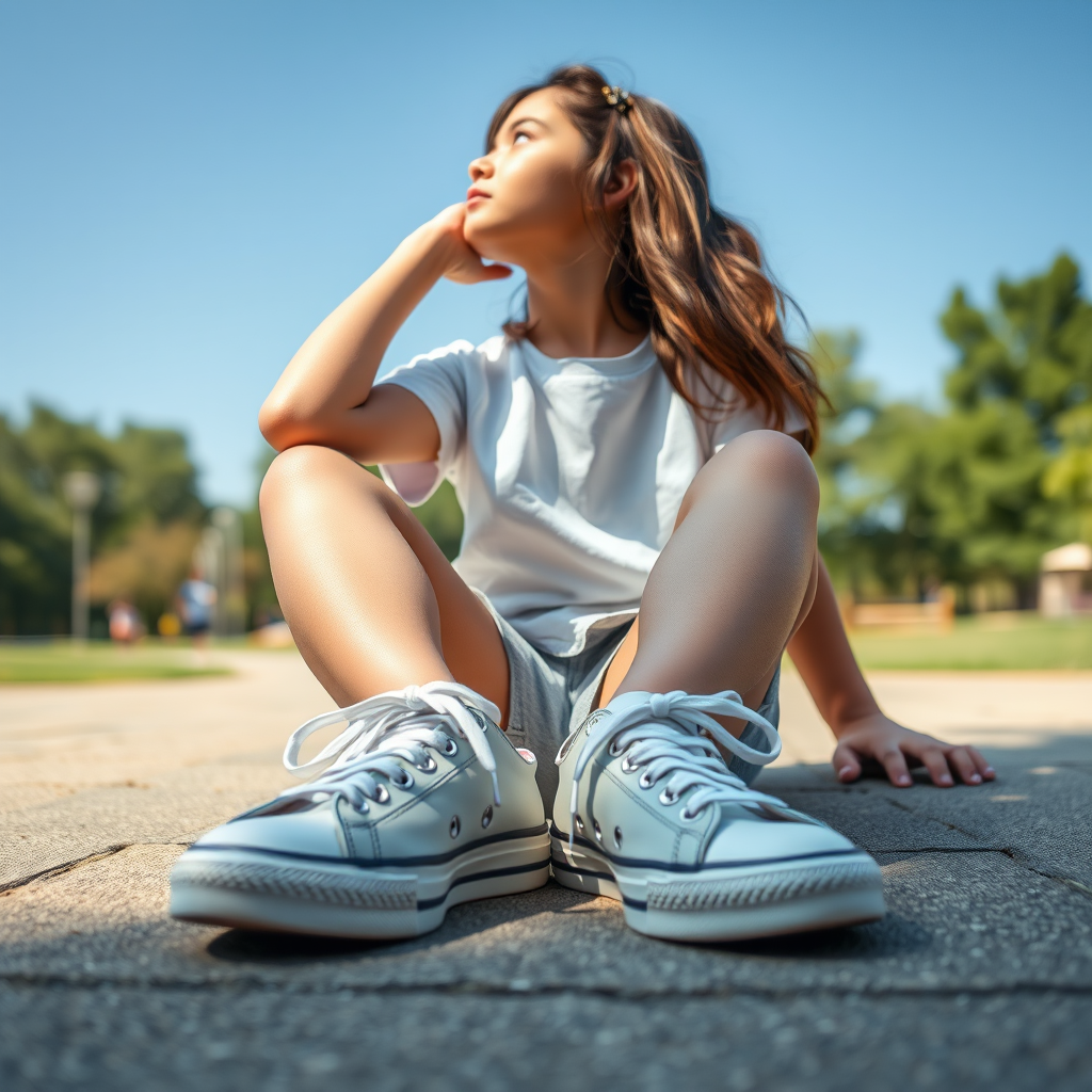 Generate an ultra-realistic, highly detailed, high-definition photograph. It's a photo of a girl sitting on the floor. She's looking at the horizon. The photo is taken from the bottom up, at ground level. The girl's sneakers are in the foreground, in the center of the scene. The girl is wearing light clothes, a t-shirt and short shorts. The sky is blue. Bright environment. The background is a blurred image of a park.