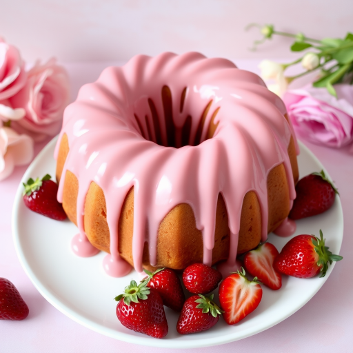 A beautifully decorated bundt cake with a smooth pink glaze dripping down the sides surrounded by fresh strawberries on a white plate with a soft pastel background and delicate floral accents.
