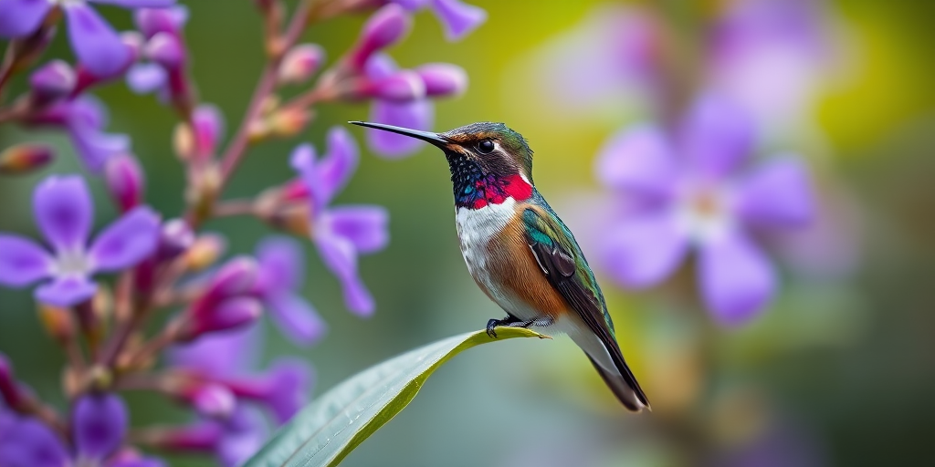 Capture a high-resolution image of a hummingbird perched on a leaf with vibrant purple flowers in the background, using a Canon EOS R5 at f/4, ISO 100, 1/200s, with a shallow depth of field for a soft bokeh effect.