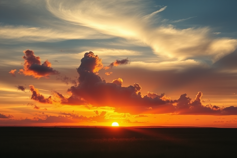 sunset landscape with dramatic clouds and golden light, captured with a Canon EOS 5D Mark IV, f/8, ISO 100, 1/200s, using a wide-angle lens at 24mm, shot from a low angle for depth and perspective.