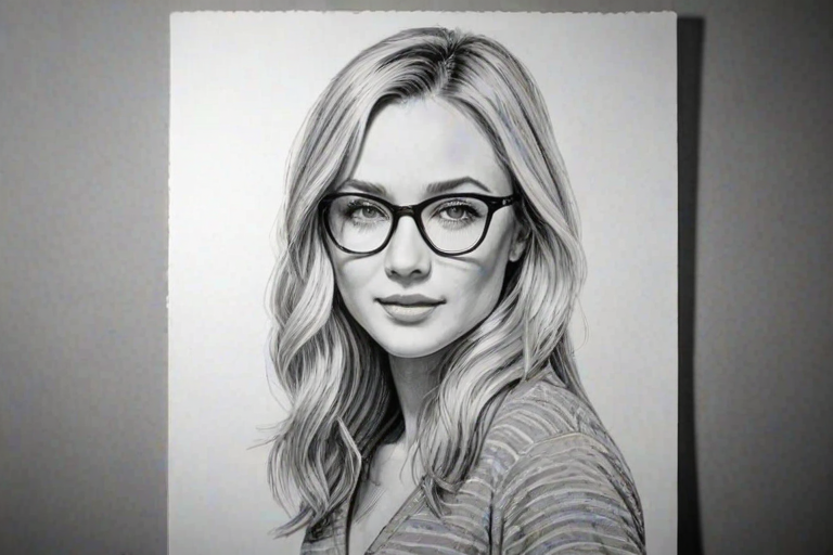 Appealing Katrina Bowden, pencil sketch, portrait of Delightful woman 1926s in glasses, hair style beatnik, outline, clear lines, fine lines, 8k