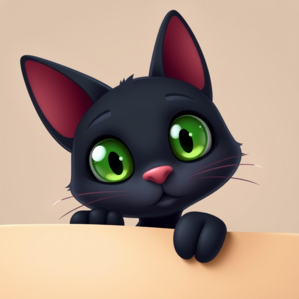 Create a cartoonish black cat with large green eyes peeking over a beige surface, shot with a DSLR camera at f/2.8, 50mm lens, ISO 100, soft lighting, minimalistic background.