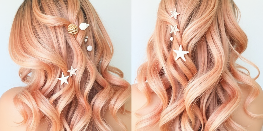 Ethereal pastel peach to soft coral ombre styled in loose beachy waves, adorned with delicate seashells and starfish for a mermaid-inspired look