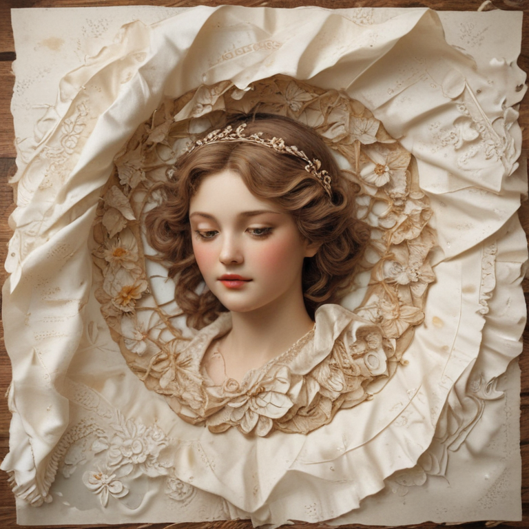 Elegant Portrait of a Young Woman Surrounded by Intricate Floral Embroidery