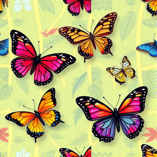 generate a seamless pattern design of colorful butterflies on a soft green background with intricate leaf details, using a Canon EOS R5 camera, 50mm lens, f/8 aperture, ISO 100, and a macro style for high detail and clarity
