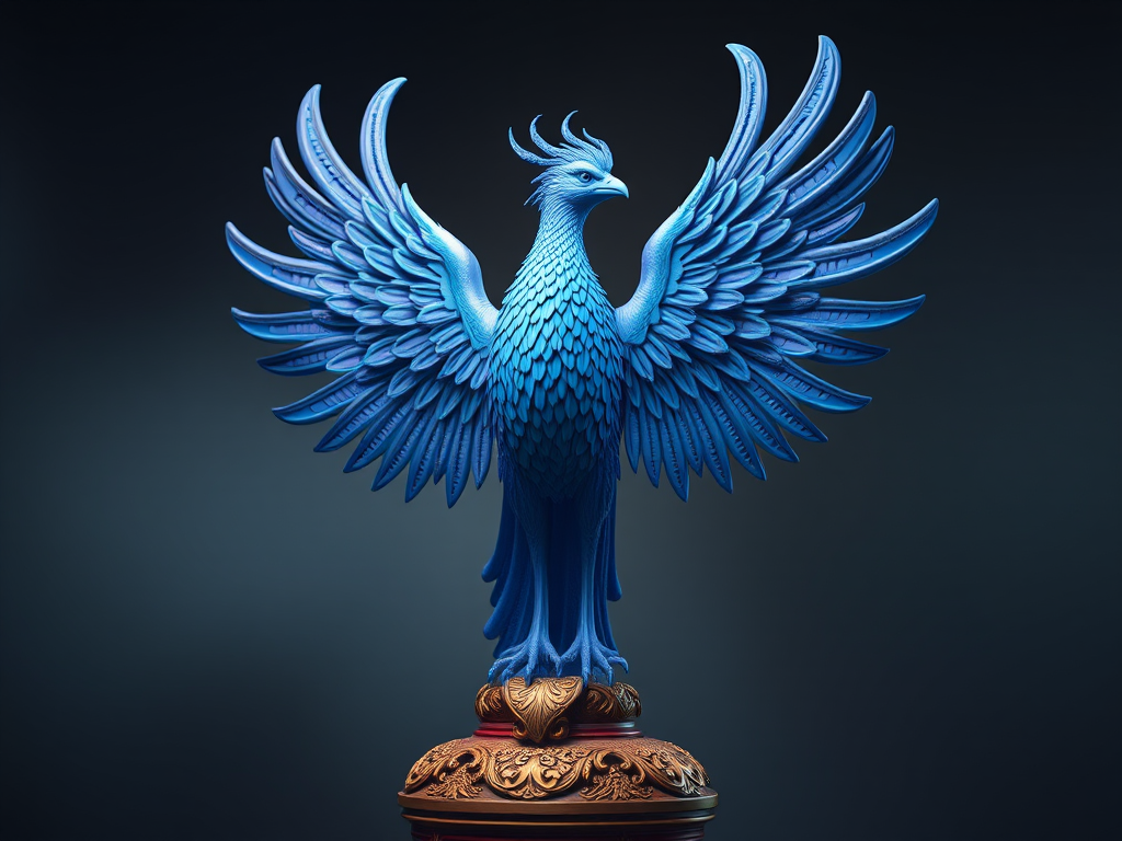 Create a highly detailed 3D rendering of a majestic blue phoenix with intricate feather patterns, standing on an ornate base, in dramatic lighting, using a Canon EOS R5 with a 50mm f/1.2 lens at ISO 100, f/2.8, and a shutter speed of 1/250s to achieve a sharp focus and rich textures.