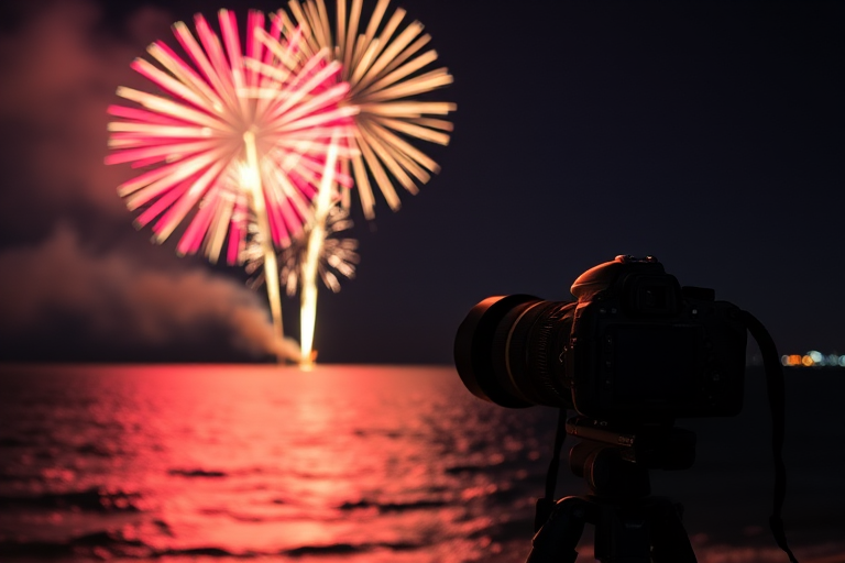 Capture a vibrant fireworks display over a dark ocean at night using a DSLR camera with a 24mm lens, aperture set at f/8, ISO 100, shutter speed of 2 seconds, and a tripod for stability.