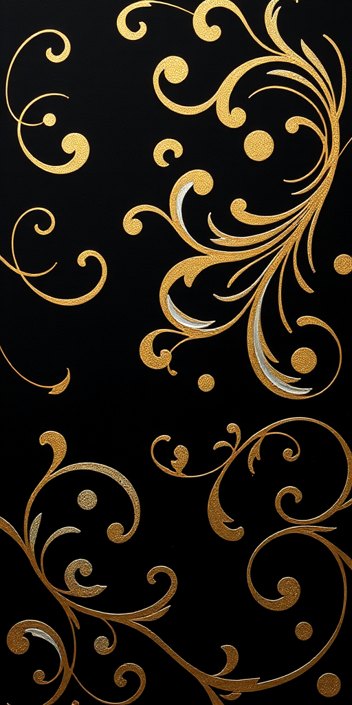 Create a high-resolution image of decorative swirls and flourishes in gold, silver, and bronze colors on a black background, captured with a Canon EOS R5 camera, 50mm lens, f/1.8 aperture, ISO 100, 1/125 sec shutter speed, soft focus style for an elegant appearance.