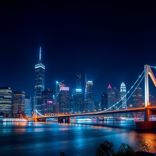 night cityscape with illuminated skyscrapers and bridges, long exposure to capture light trails, 24mm lens, f/8 aperture, ISO 100, 30 seconds shutter speed, panoramic view, DSLR camera