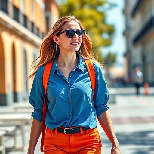 Regenerate the image of a woman walking on a sunny street, wearing a blue shirt and orange pants, with sunglasses and earphones, using a DSLR camera, 50mm lens, f/2.8 aperture, ISO 200, natural light, shallow depth of field, vibrant colors.