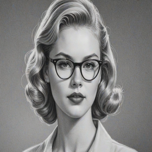 Attractive Claudia Lee, pencil sketch, portrait of Exquisite woman 1953s in glasses, hair style beatnik, outline, clear lines, fine lines, 8k