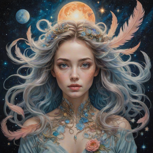 Create a series of imaginative portraits where each subject is infused with elements of fantasy and nature. The hair of the individuals should flow like clouds, varying from soft, fluffy cumulus to wispy cirrus strands, with hints of color reflecting a sunset or a clear blue sky. The eyes should be windows to entire galaxies, with stars, nebulae, and distant planets visible within them. Clothing should be adorned with nature motifs, such as floral patterns that bloom and change, vines that seem to grow and wrap around, or feathers that shimmer with iridescence. Each portrait should capture a unique personality, blending human features with the ethereal beauty of the natural and cosmic world. The backgrounds can vary, from starry night skies to enchanted forests, adding depth and context to the magical realism of the portraits