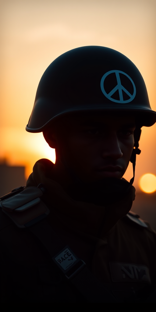 Create a high-resolution image of a soldier silhouette wearing a helmet with a peace sign emblem, shot with a 50mm lens at f/1.8 for a shallow depth of field, using a DSLR camera in natural light at sunset for dramatic effect.